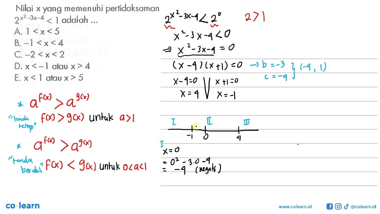 Nilai x yang memenuhi pertidaksaman 2^(x^2-3x-4)<1 adalah