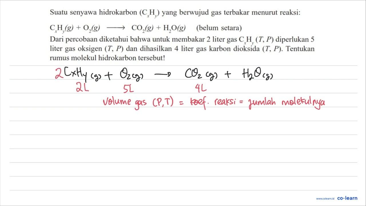 Suatu senyawa hidrokarbon (C_(x) H_(y)) yang berwujud gas