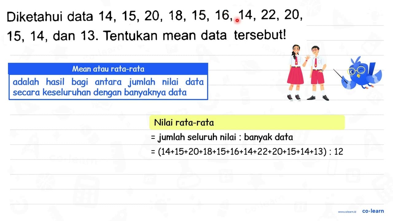 Diketahui data 14,15,20,18,15,16,14,22,20 , 15,14 , dan 13.