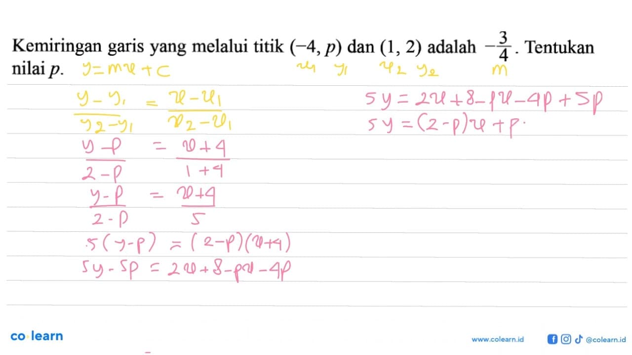 Kemiringan garis yang melalui titik (-4, p) dan (1, 2)