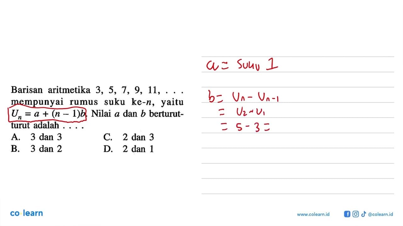 Barisan aritmetika 3, 5, 7, 9, 11,.... mempunyai rumus suku