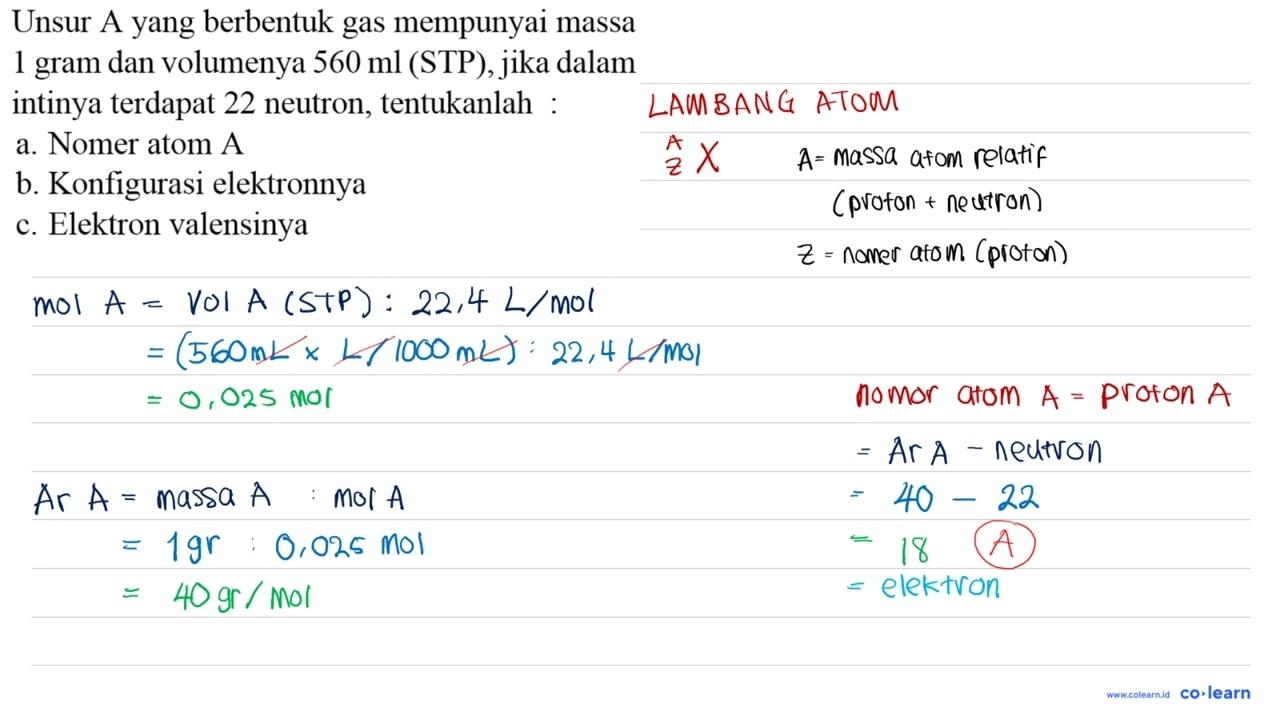 Unsur A yang berbentuk gas mempunyai massa 1 gram dan