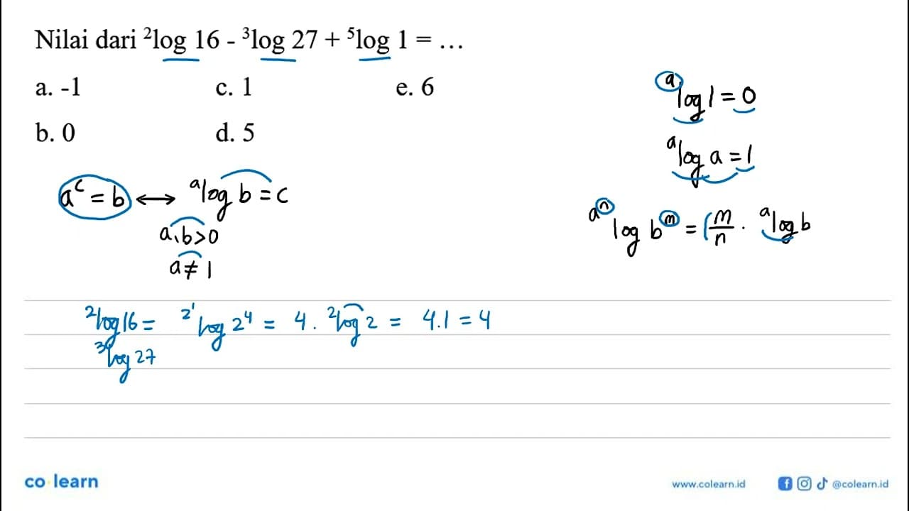 Nilai dari 2log 16-3log 27+5log 1=..
