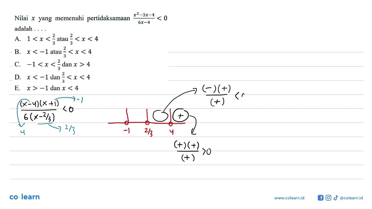 Nilai x yang memenuhi pertidaksamaan (x^2 - 3x - 4)/(6x -