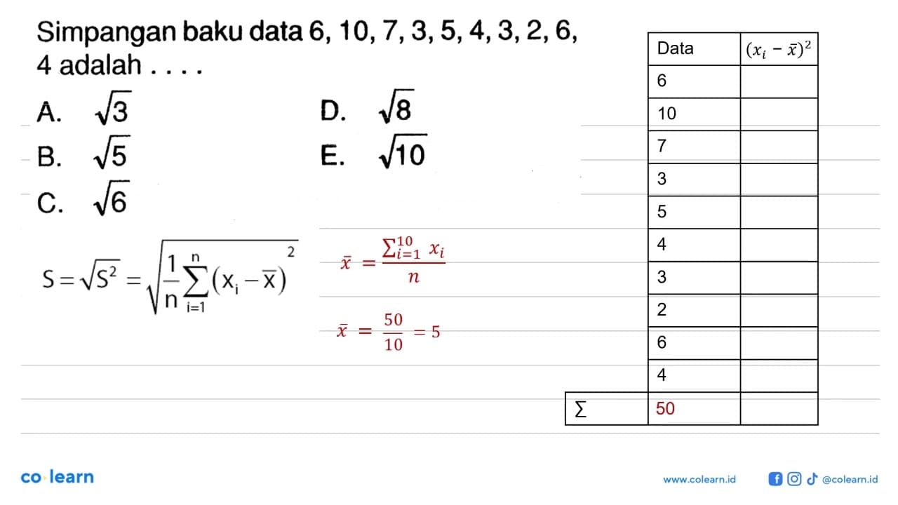 Simpangan baku data 6, 10, 7, 3, 5, 4, 3, 2, 6, 4 adalah .