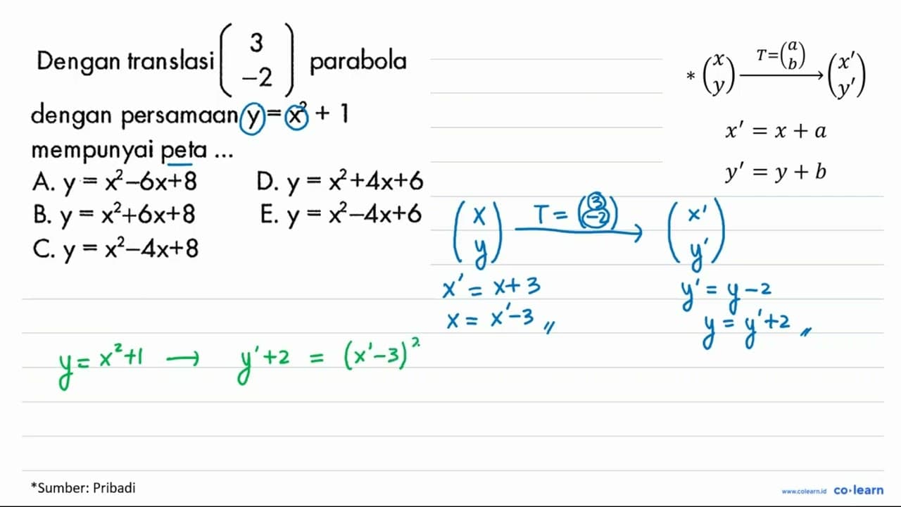 Dengan translasi (3 -2) parabola dengan persamaan y=x^2+1