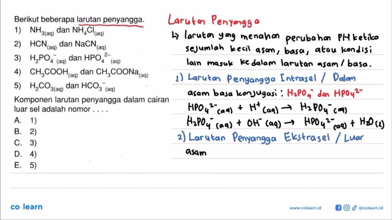 Berikut beberapa larutan penyangga. 1) NH3 (aq) dan NH4Cl