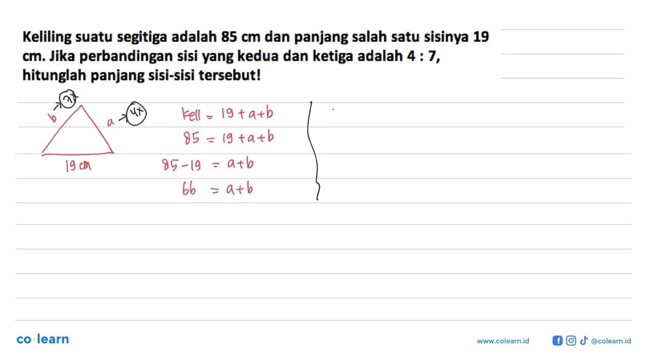 Keliling suatu segitiga adalah 85 cm dan panjang salah satu