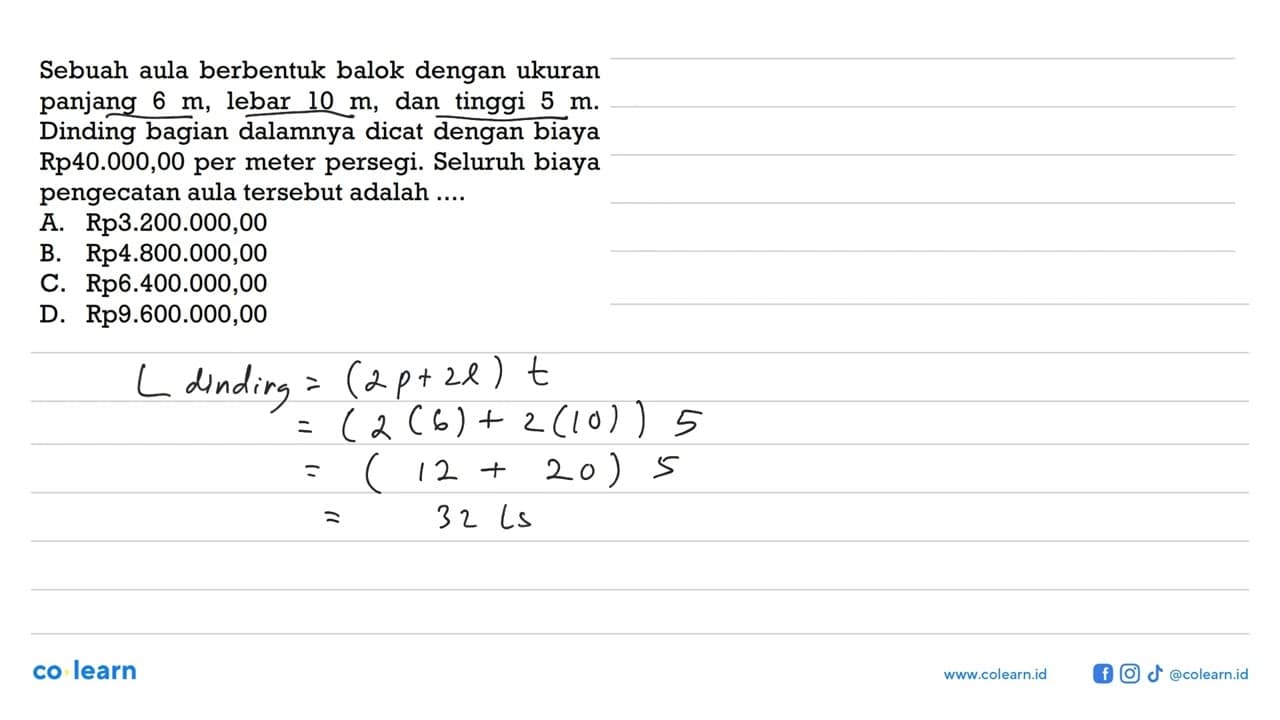 Sebuah aula berbentuk balok dengan ukuran panjang 6 m,