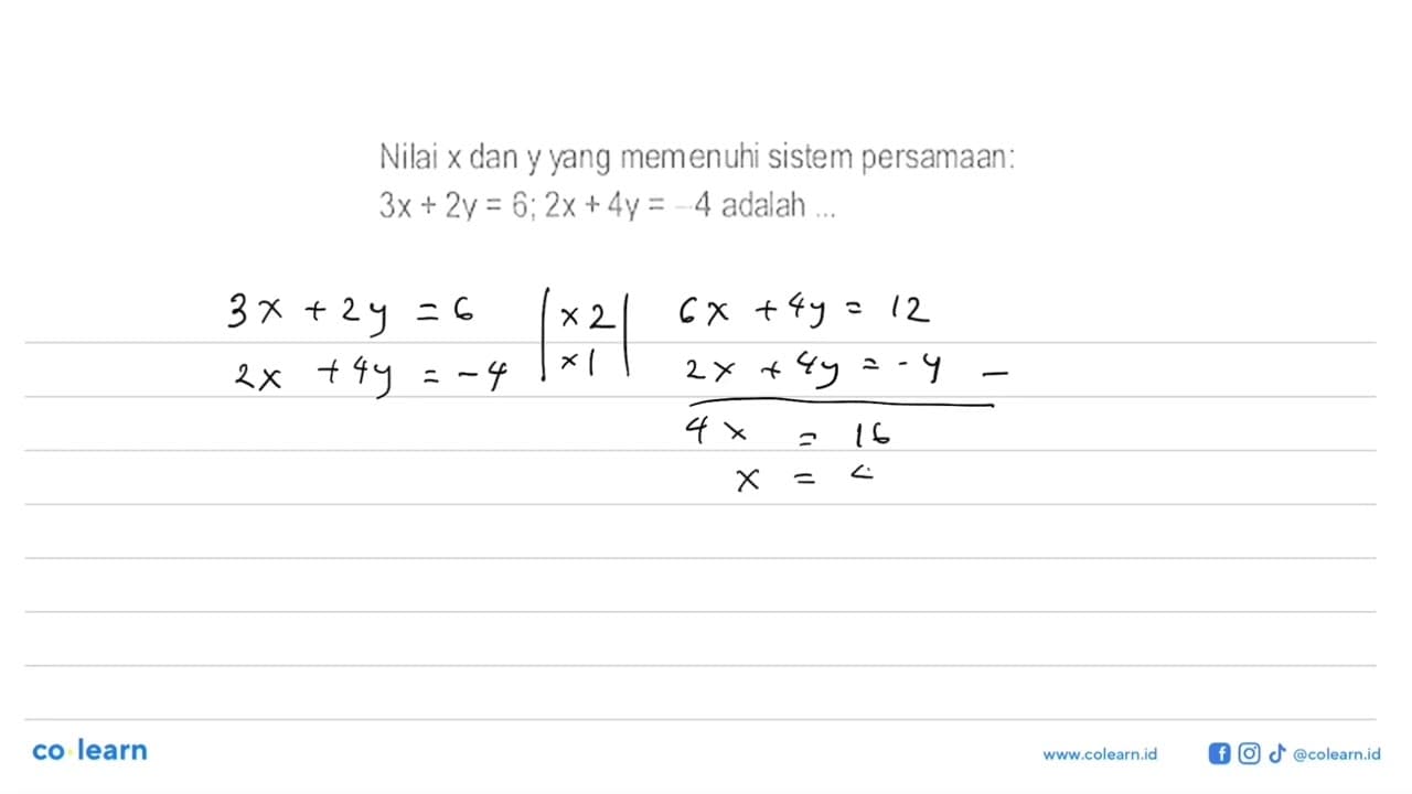 Nilai x dan y yang memenuhi sistem persamaan: 3x+2y-6;