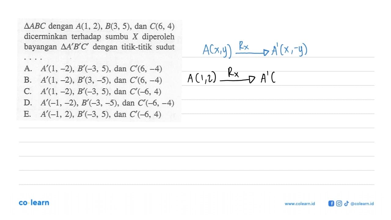 segitiga ABC dengan A(1, 2), B(3, 5), dan C(6, 4)