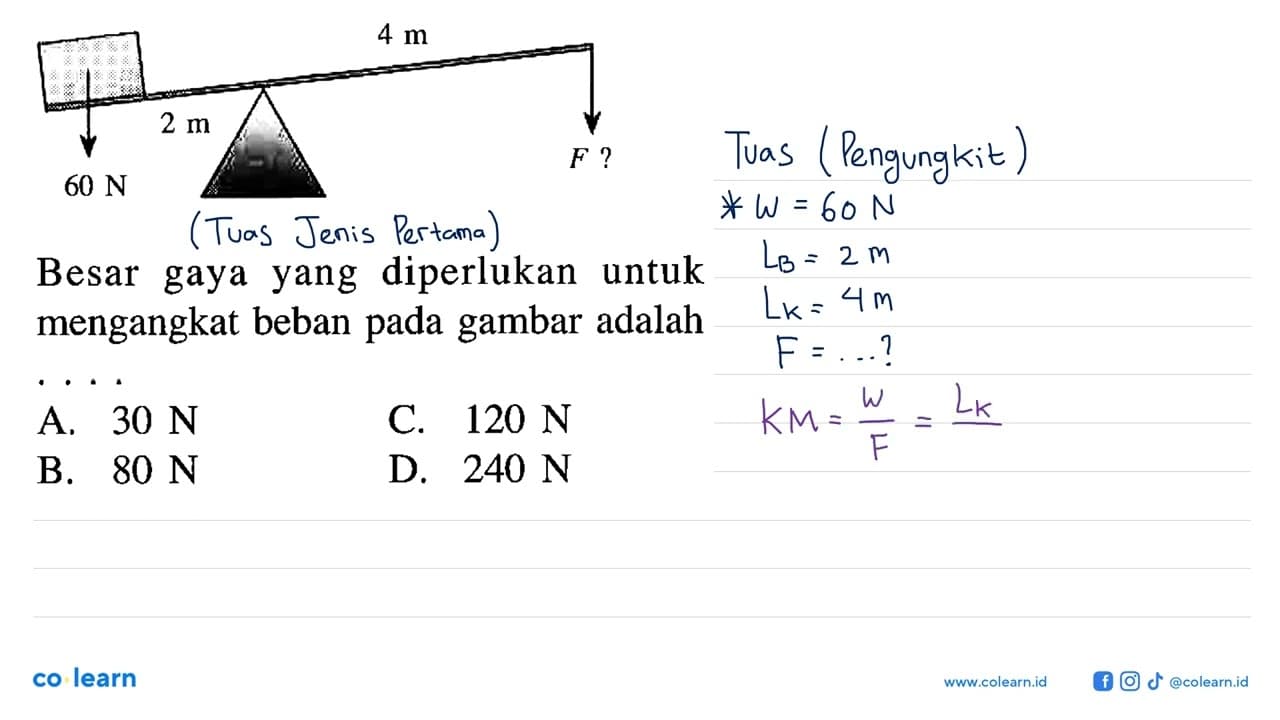 4 m 2 m 60 N F ? Besar gaya yang diperlukan untuk