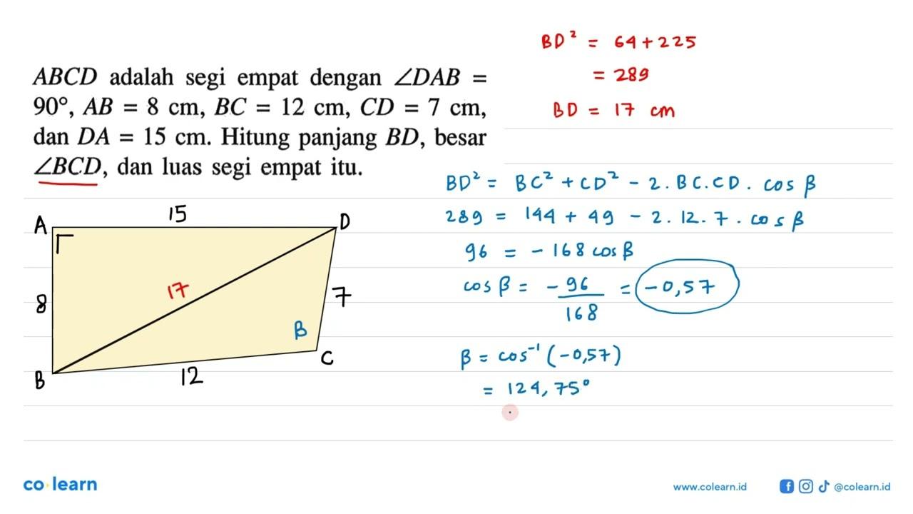 ABCD adalah segi empat dengan sudut DAB= 90, AB=8 cm, BC=12