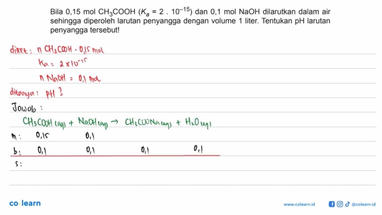 Bila 0,15 mol CH3COOH (Ka = 2 . 10^(-15)) dan 0,1 mol NaOH