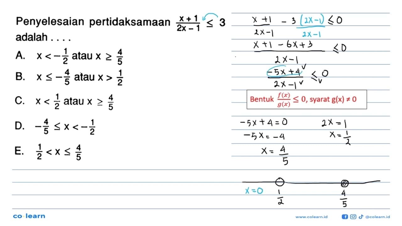 Penyelesaian pertidaksamaan (x+1)/(2x-1)<=3 adalah . . . .