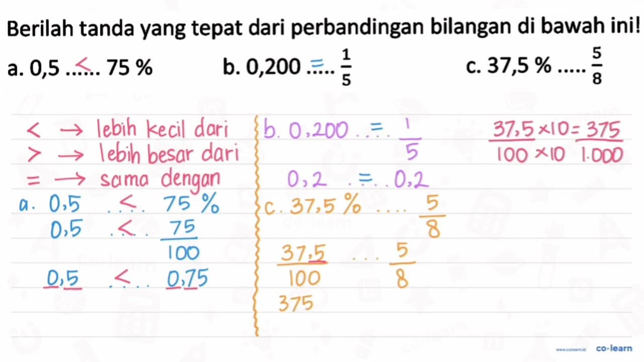 Berilah tanda yang tepat dari perbandingan bilangan di