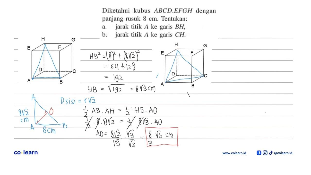 Diketahui kubus ABCD.EFGH dengan panjang rusuk 8 cm.