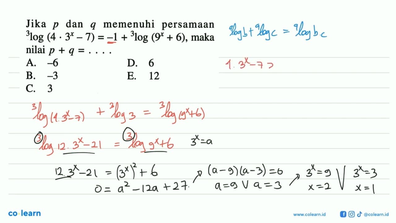 Jika p dan q memenuhi persamaan 3log(4.3^x-7)=-1+3