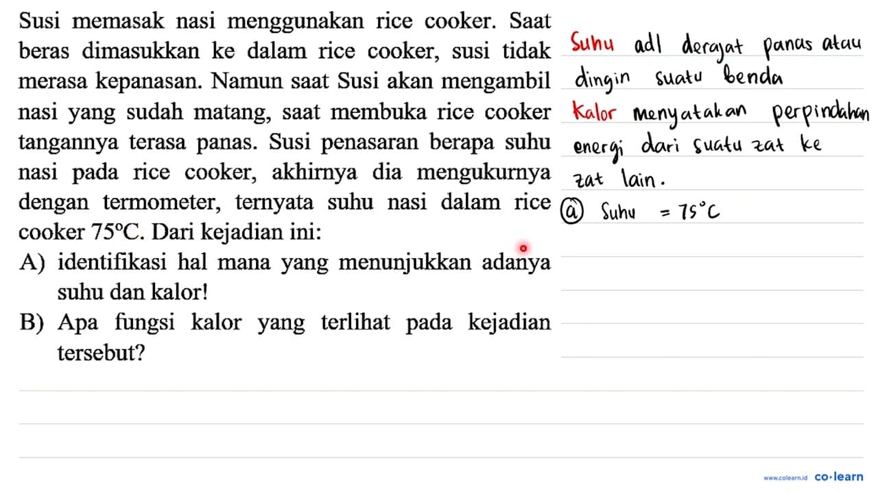 Susi memasak nasi menggunakan rice cooker. Saat beras