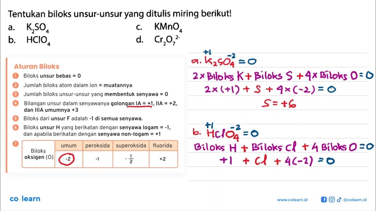 Tentukan biloks unsur-unsur yang ditulis miring berikut! a.