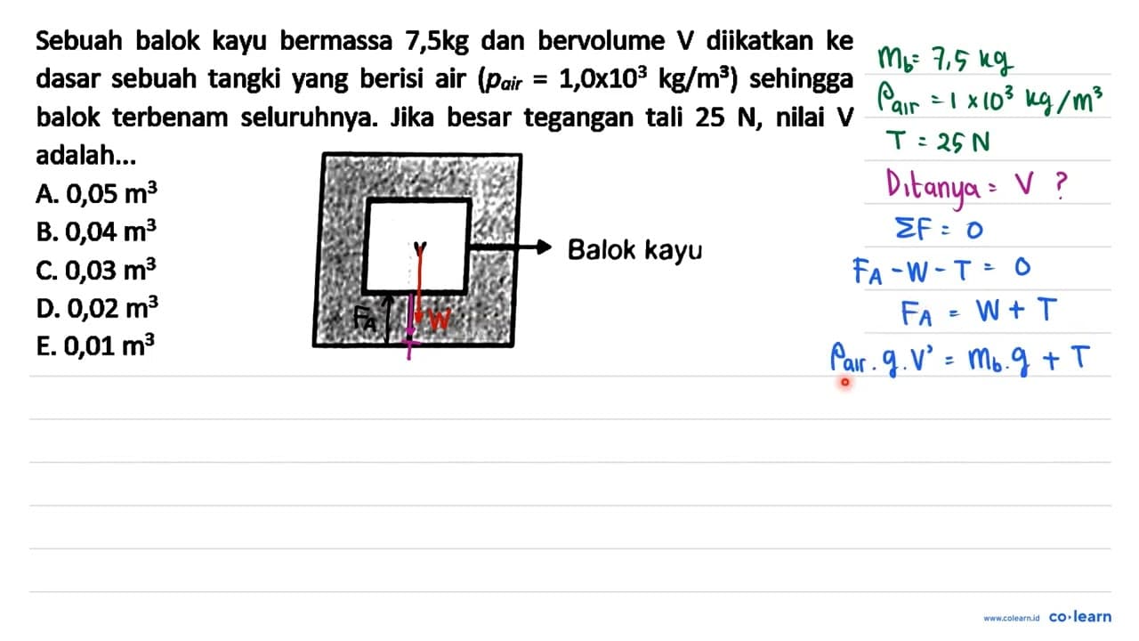 Sebuah balok kayu bermassa 7,5kg dan bervolume V diikatkan