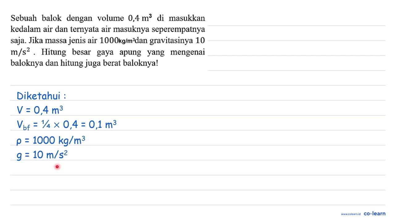 Sebuah balok dengan volume 0,4 m^2 di masukkan kedalam air