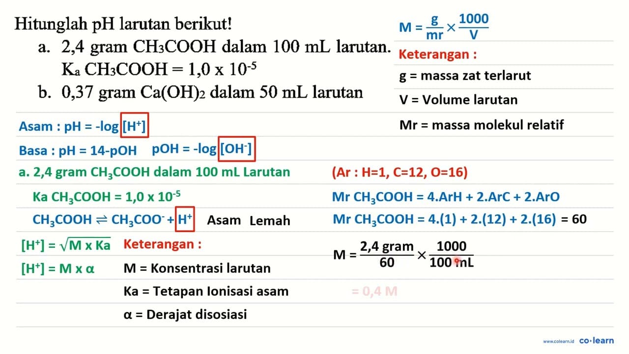 Hitunglah pH larutan berikut! a. 2,4 gram CH_(3) COOH dalam