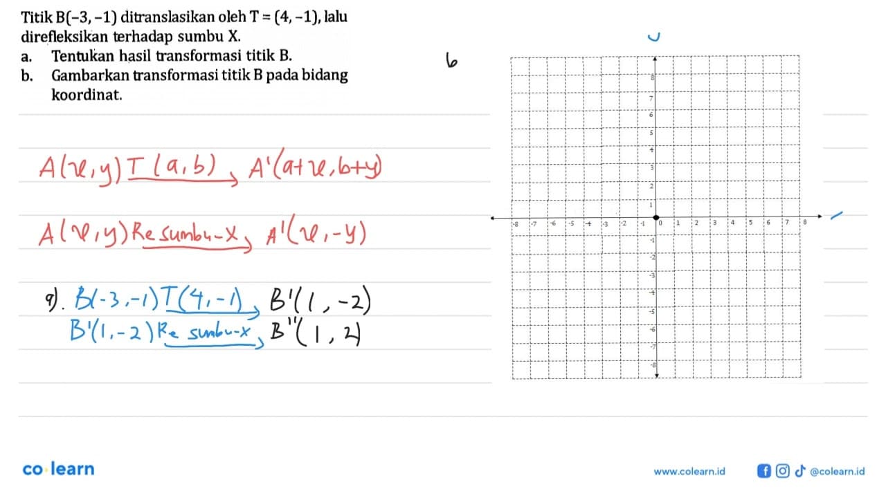 Titik B(-3,-1) ditranslasikan oleh T=(4,-1), lalu