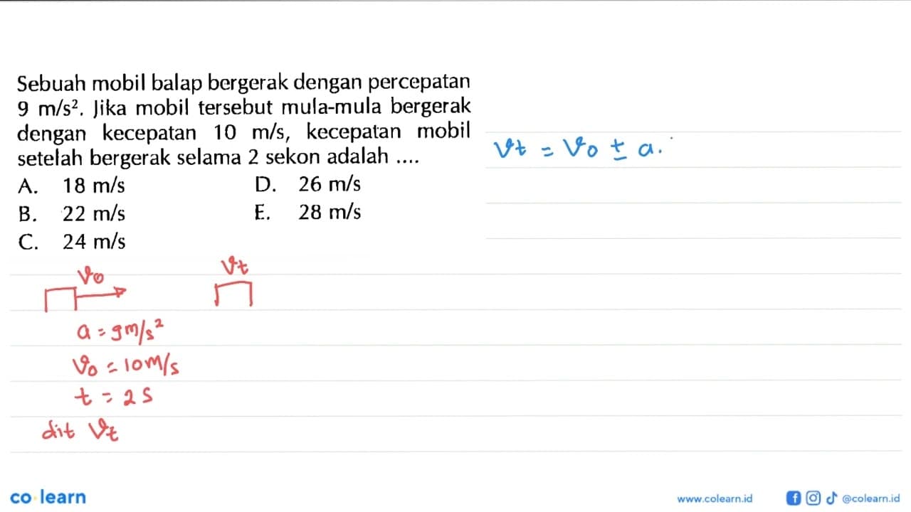 Sebuah mobil balap bergerak dengan percepatan 9 m/s^2. Jika