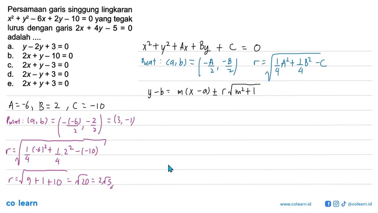 Persamaan garis singgung lingkaran x^2+y^2-6x+2y-10=0 yang