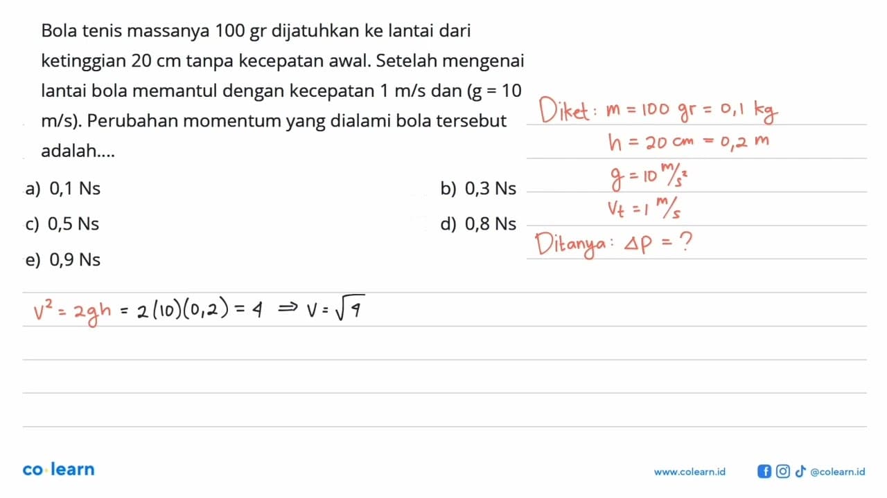 Bola tenis massanya 100 gr dijatuhkan ke lantai dari