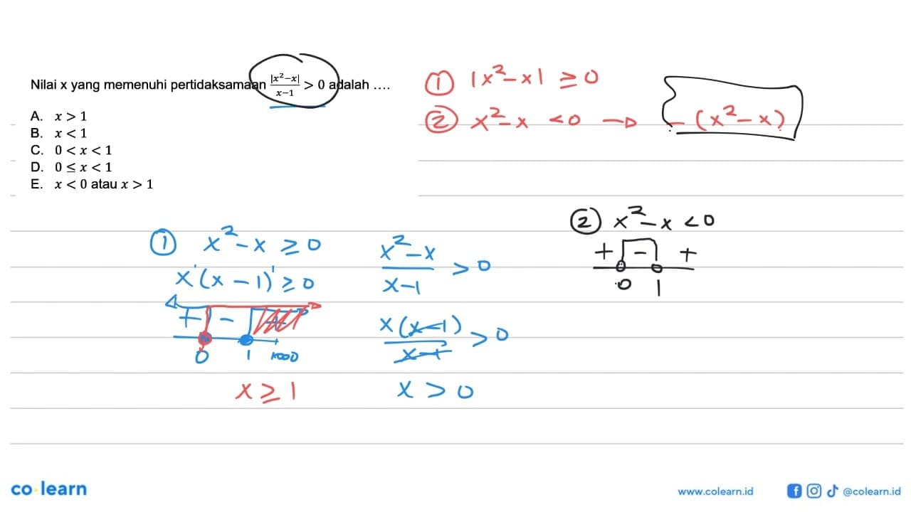 Nilai x yang memenuhi pertidaksamaan |x^2-x|/(x-1)> 0