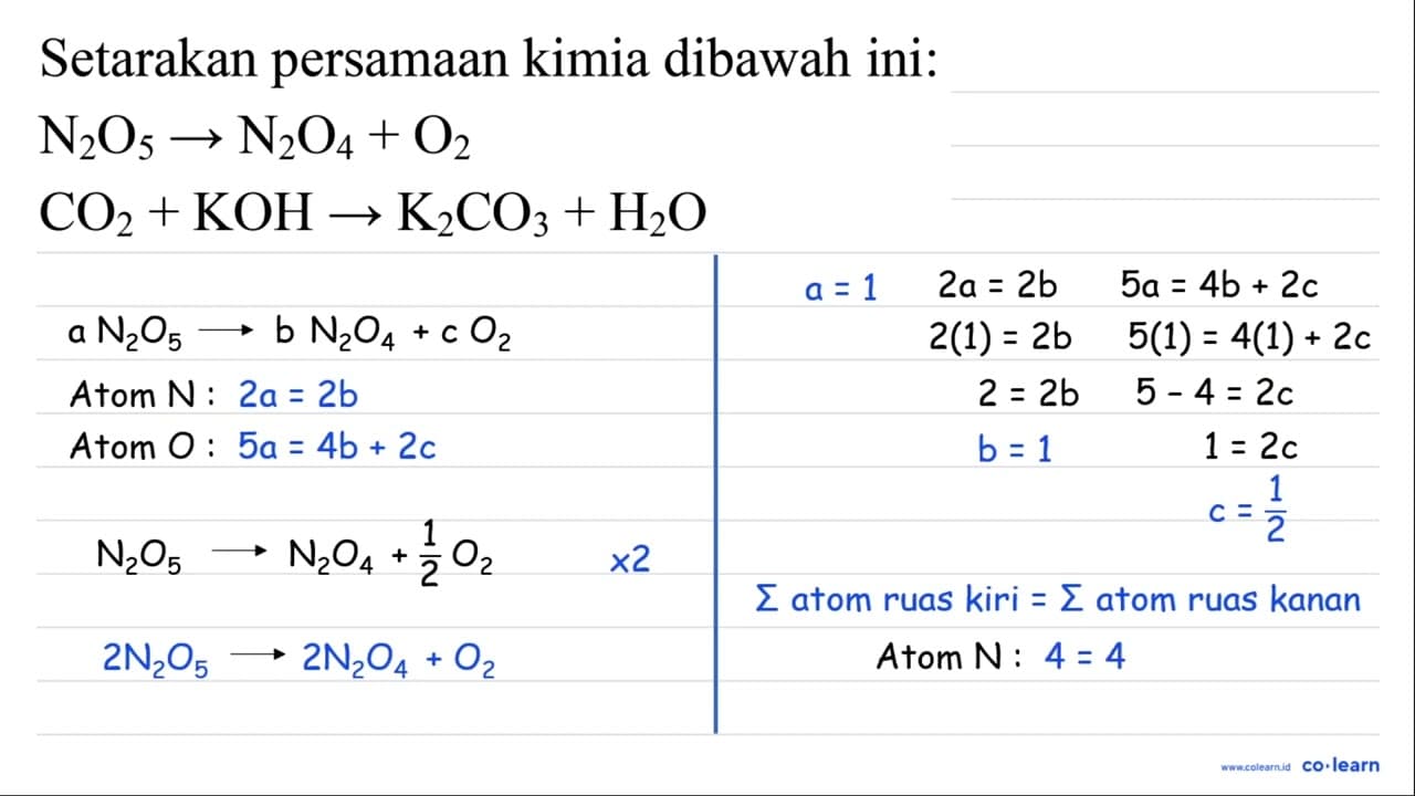 Setarakan persamaan kimia dibawah ini: N_(2) O_(5) -> N_(2)