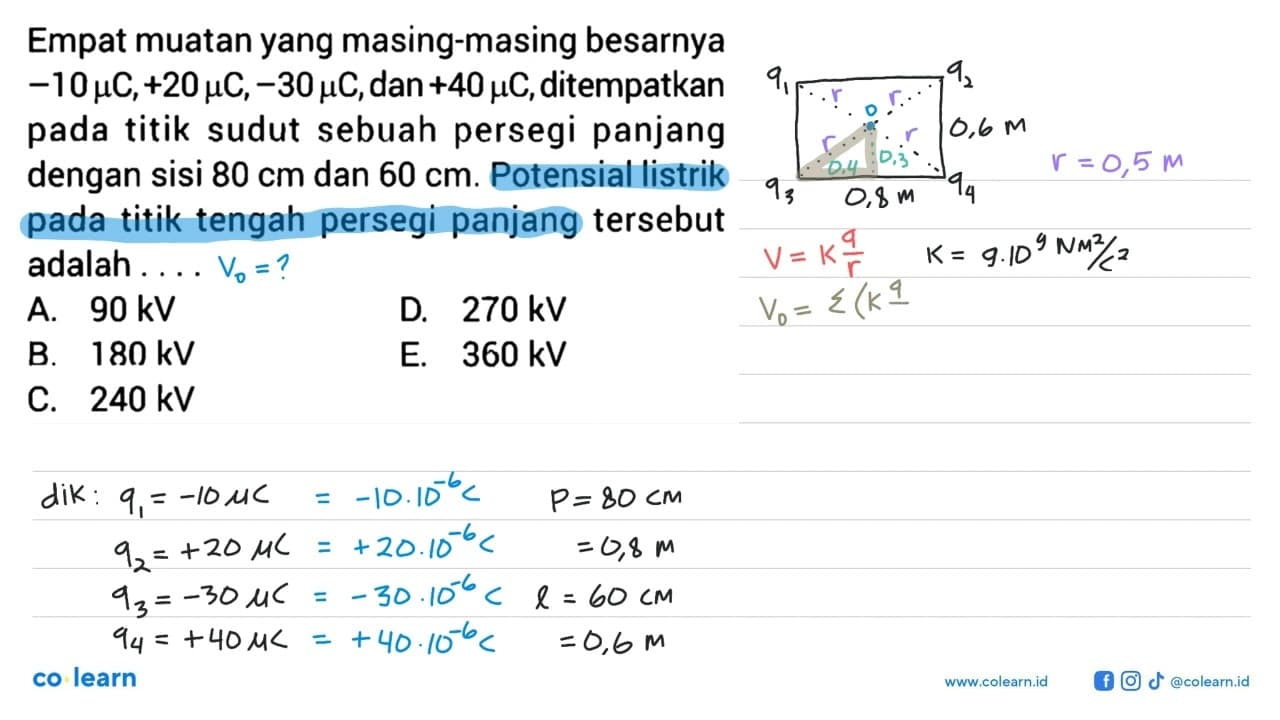 Empat muatan yang masing-masing besarnya -10 mu C, +20 mu