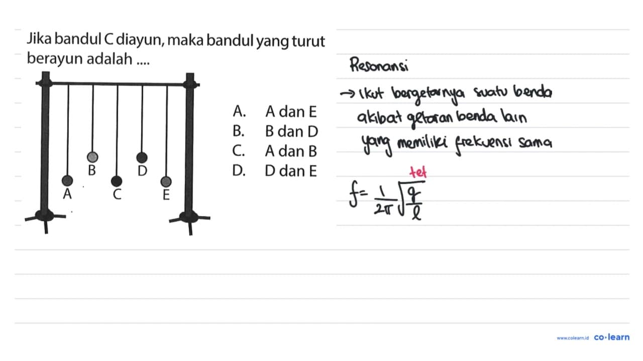 Jika bandul C diayun, maka bandul yang turut berayun