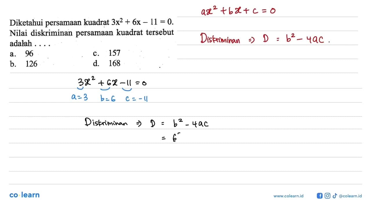 Diketahui persamaan kuadrat 3x^2+6x-11=0. Nilai diskriminan