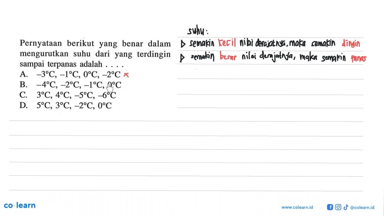 Pernyataan berikut yang benar dalam mengurutkan suhu dari