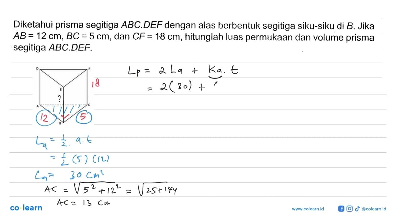 Diketahui prisma segitiga ABC.DEF dengan alas berbentuk