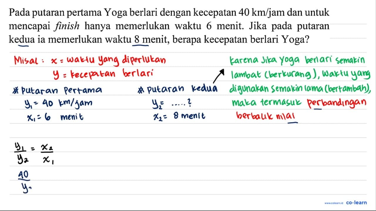 Pada putaran pertama Yoga berlari dengan kecepatan 40 ~km /