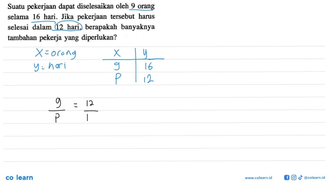 Suatu pekerjaan dapat diselesaikan oleh 9 orang selama 16