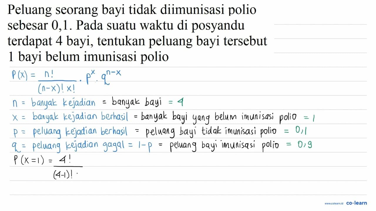 Peluang seorang bayu=i tidak diimunisasi polio sebesar 0,1