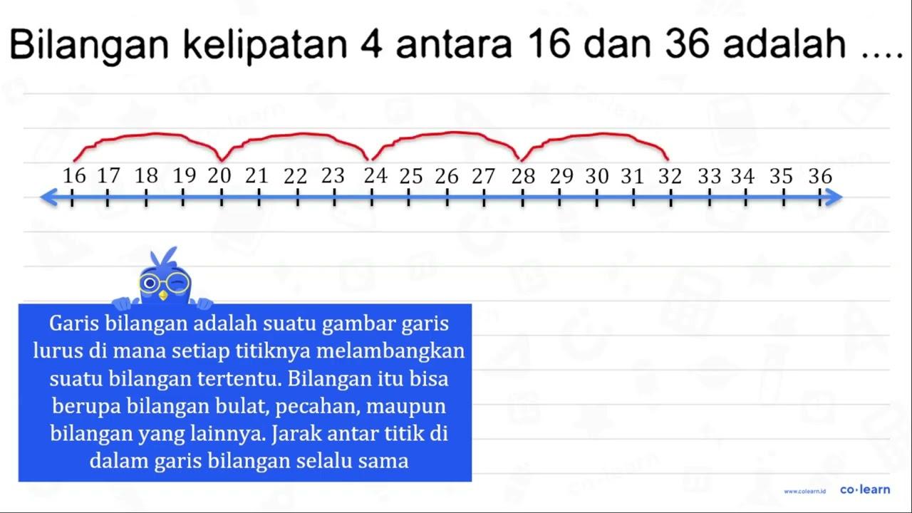 Bilangan kelipatan 4 antara 16 dan 36 adalah..