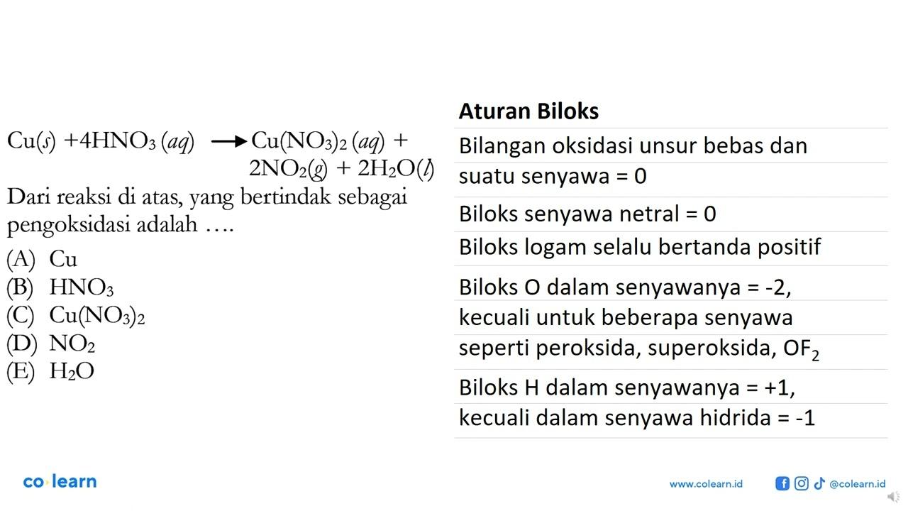 Cu(s)+4HNO3(aq)->Cu(NO3)2(aq)+2NO2(g)+2H2O(l) Dari reaksi