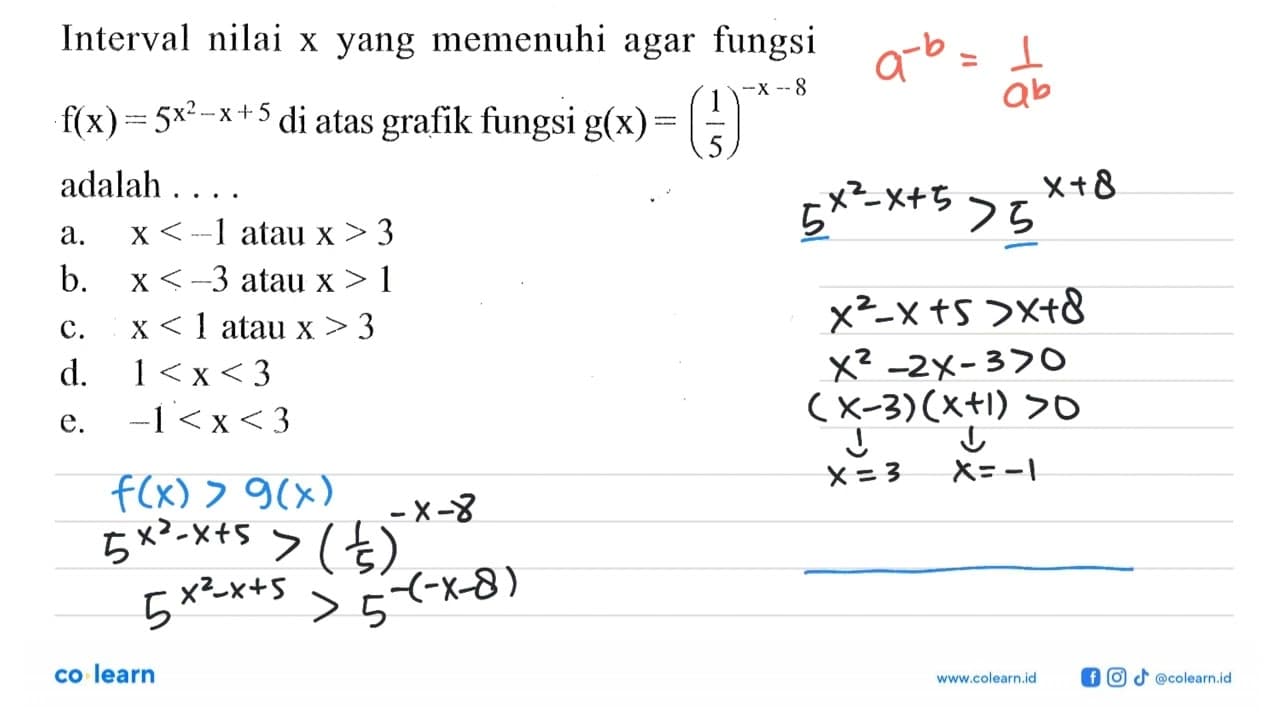 Interval nilai yang memenuhi agar fungsi f(x)=5^(x^2-x+5)