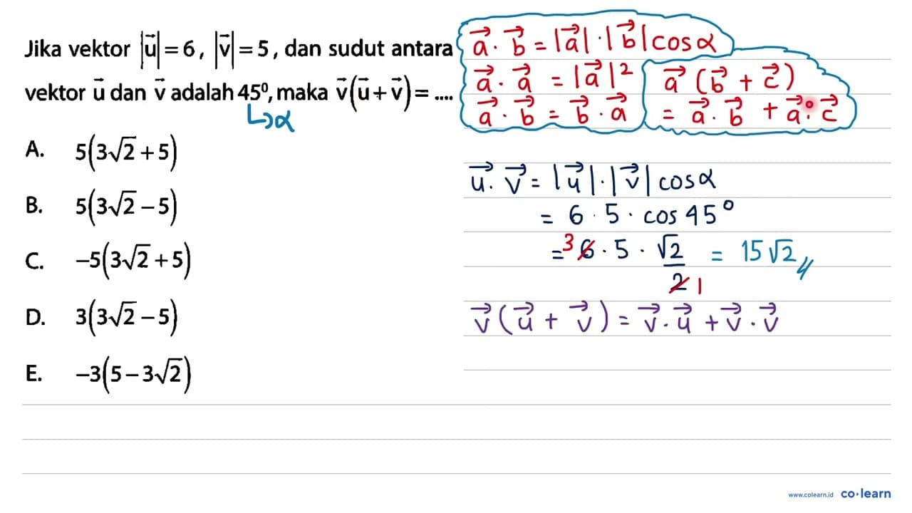 Jika vektor |u|=6, |v|=5, dan sudut antara vektor u dan v