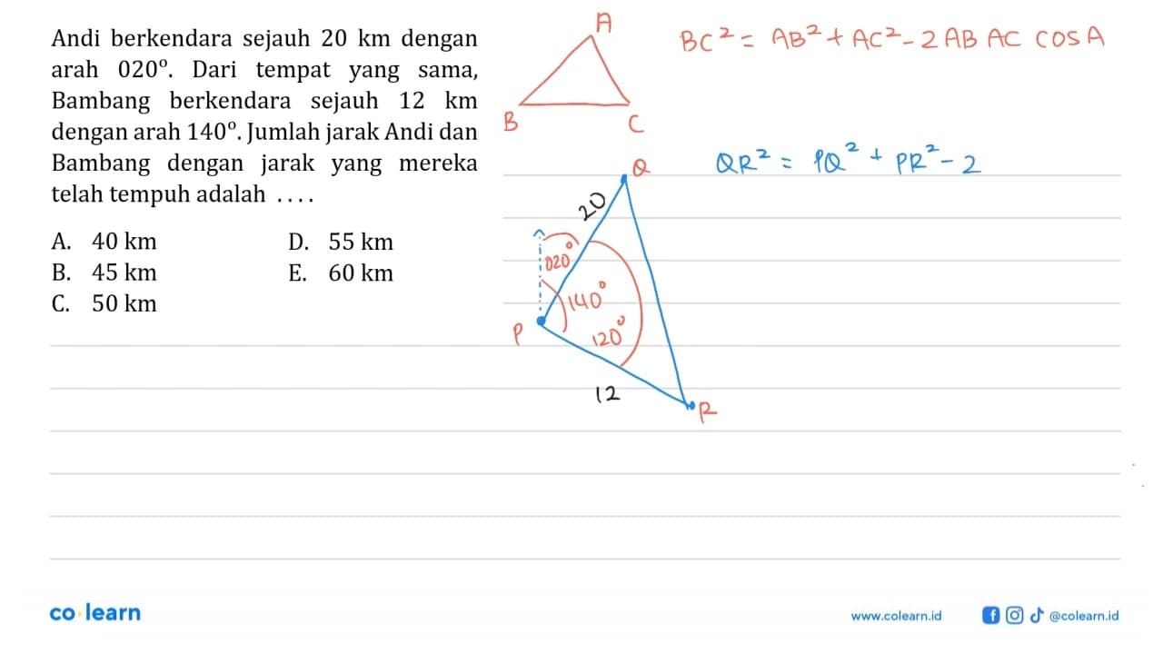 Andi berkendara sejauh 20 km dengan arah 020. Dari tempat