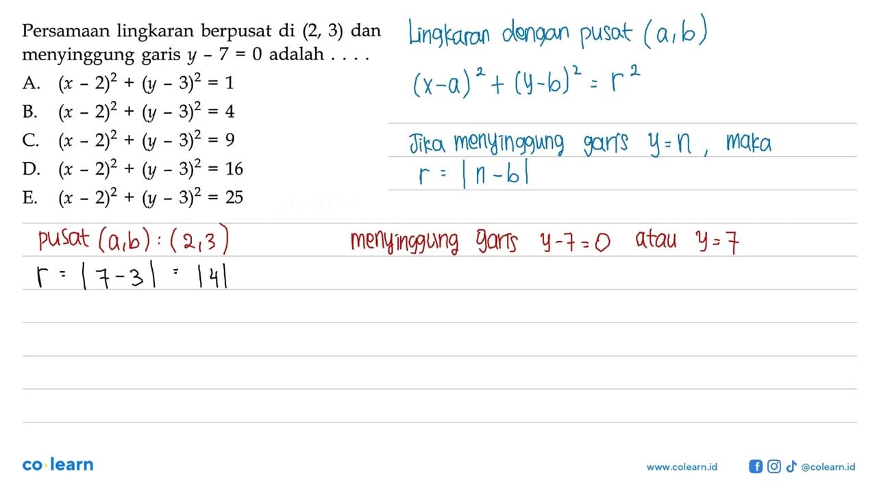 Persamaan lingkaran berpusat di (2,3) dan menyinggung garis