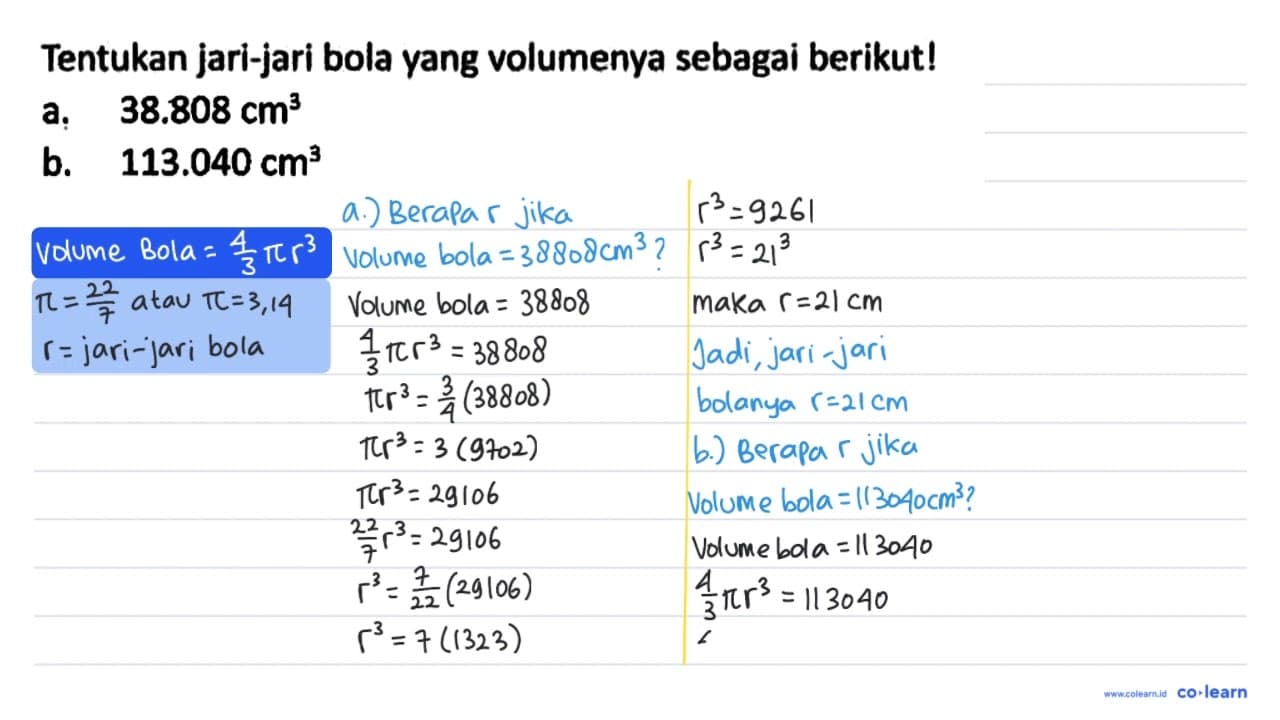 Tentukan jari-jari bola yang volumenya sebagai berikut! a.