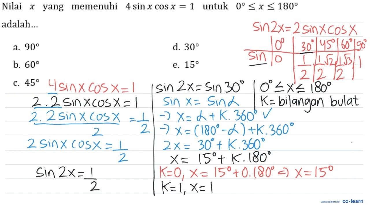 Nilai x yang memenuhi 4 sin x cos x=1 untuk 0 <= x <= 180