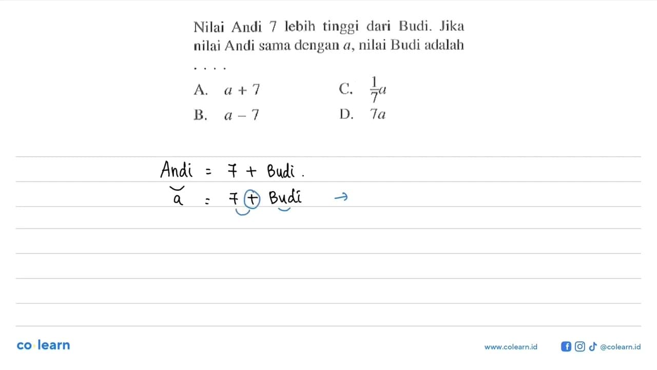 Nilai Andi 7 Iebih tinggi dari Budi. Jika nilai Andi sama